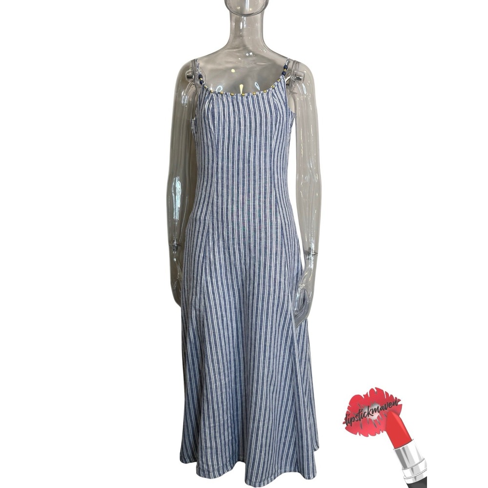 Calypso St Barth Dress Medium Blue White Midi Striped Linen Blend Boho Tiered